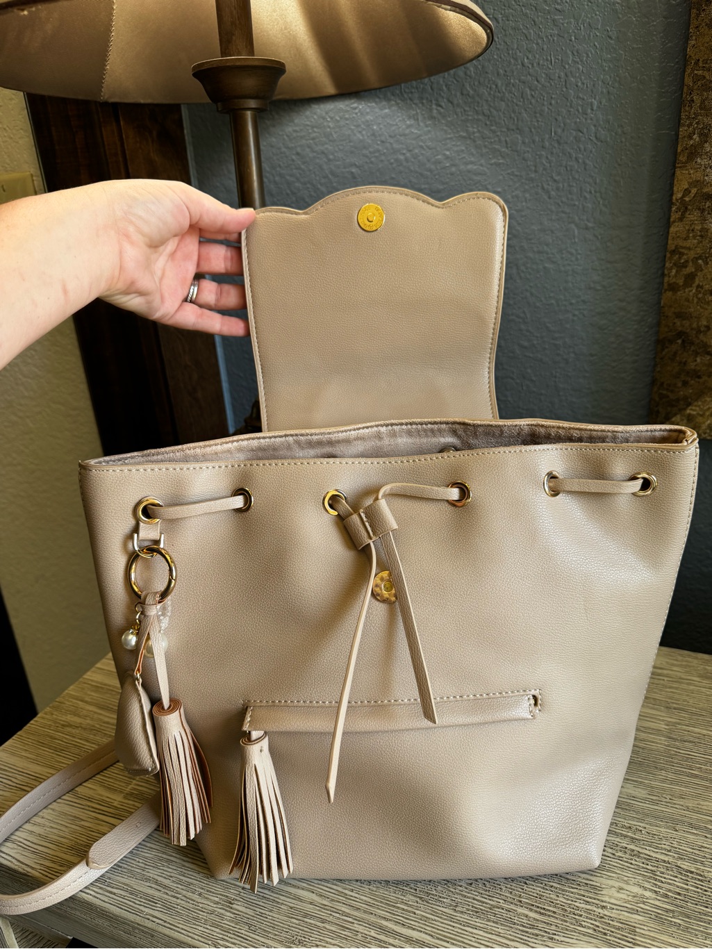 New!!! Hollis Cream Leather Tote Backpack With Tassel Charm — image 7 of 8